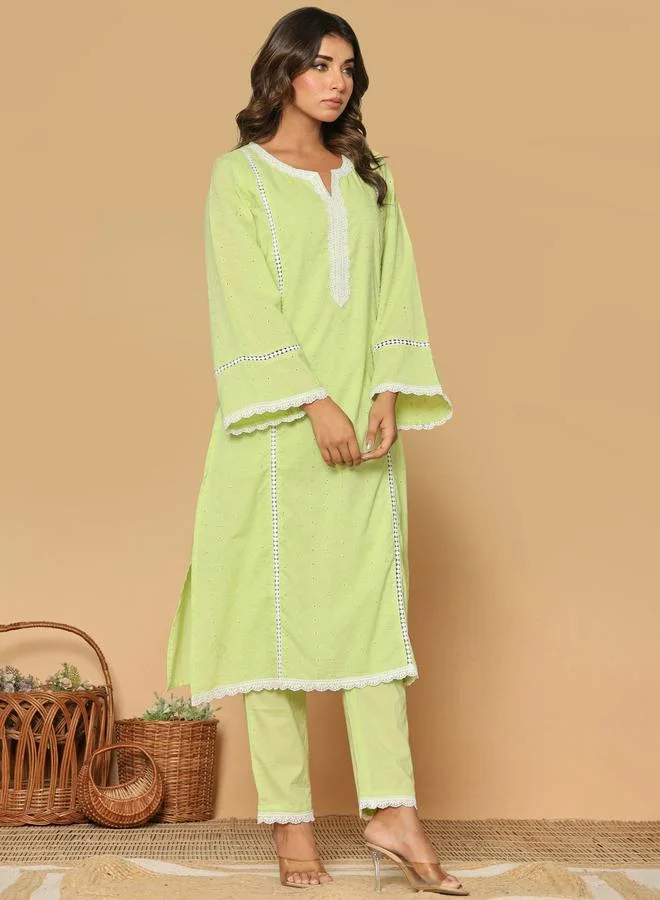 KASYA Green Cotton Relaxed Fit Embroidered Kurta Set